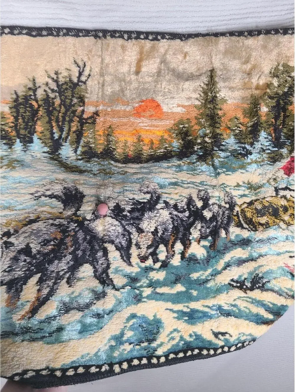 Vtg Velvet Tapestry Cotton Wall Art 41x20” Winter Sleigh Dogs Scene Retro